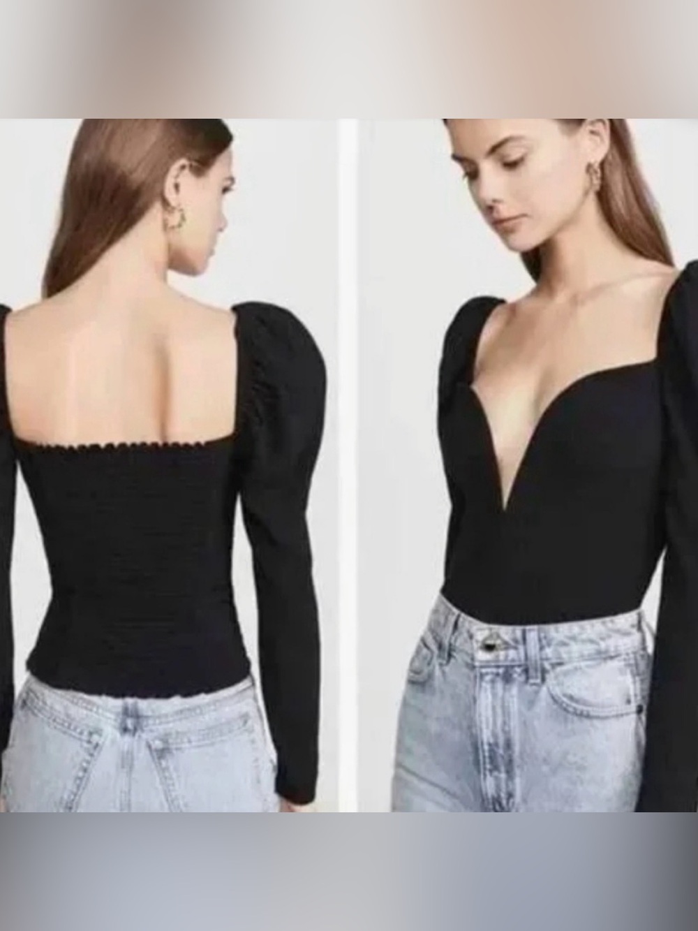 Reformation Black Puff-Sleeve Sweetheart Bodysuit
